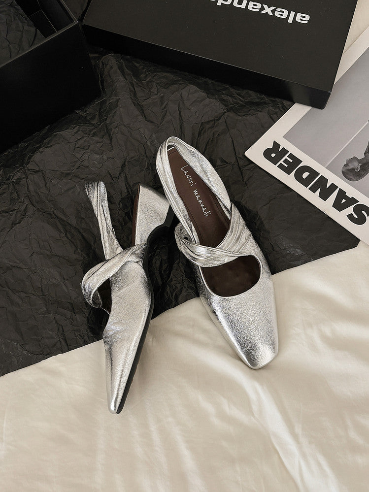 Karin Luna In Stock  Spot Goods Small Square Toe Wrinkled Chunky Heel Closed-Toe Sandals