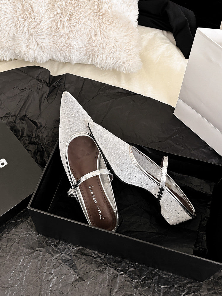 Karin Luna In Stock Spot Goods  Breathable Mesh Fabric Embellished Hand Drill Pointed Toe Slippers