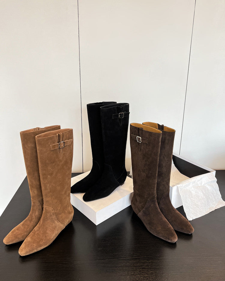 Karin Luna In Stock Spot Goods Vintage Cowhide Leather Chunky Heel Height Increasing Long Boots