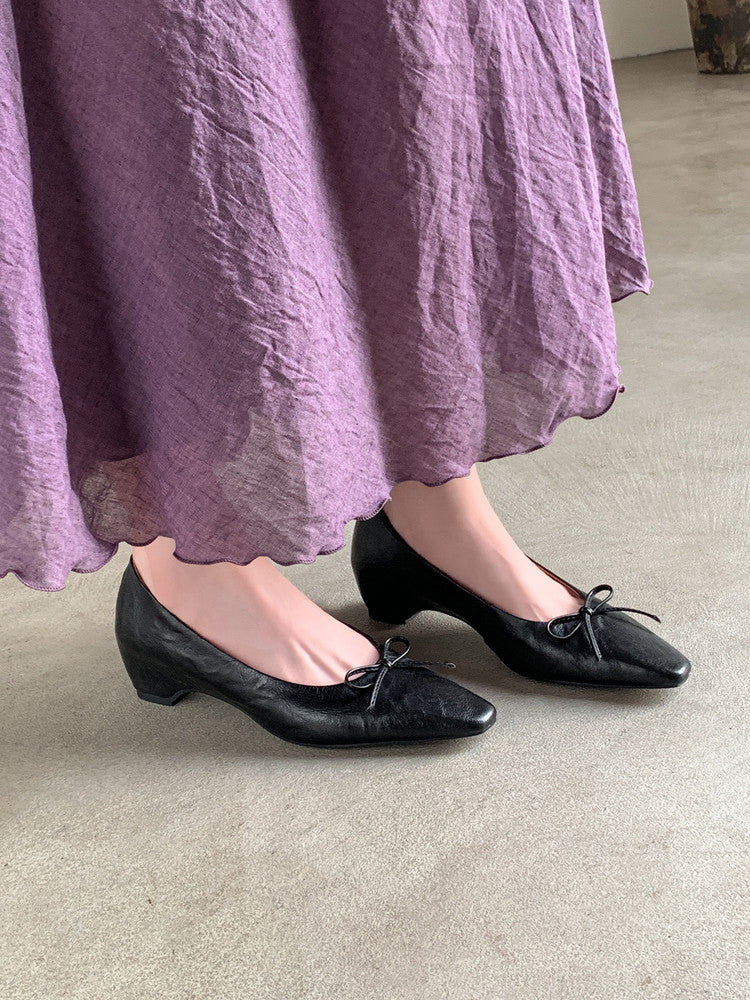 Karin Luna Full Layer Inside and Out~Basic Versatile Small Square Toe Butterfly Knot Irregular Heel Single Shoes