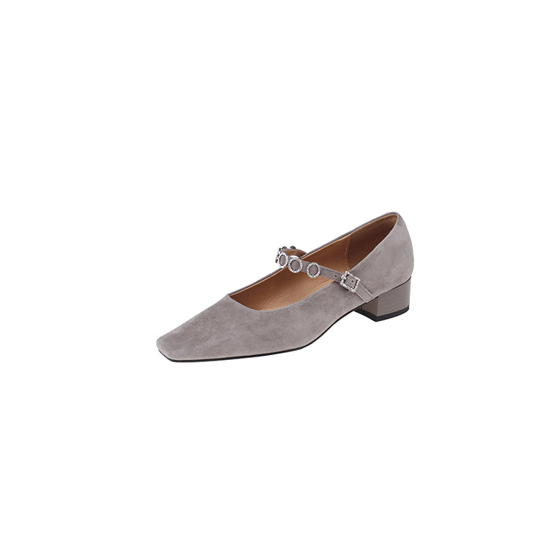 Karin Luna In Stock Spot Goods  Vintage Full Leather Square Toe Rhinestone Strap Shallow Mouth Single Shoes