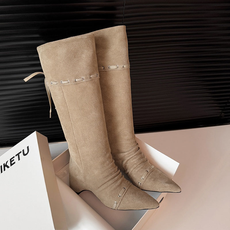 Karin Luna Elegant Style  Pointed Toe Pleated Hidden Wedge Western Boots