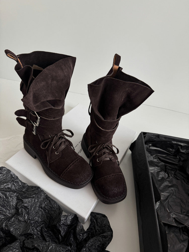 Karin Luna Bestseller Hot-Selling Large Tube Leather Belt Buckle Round Toe Thick-Soled Short Boots