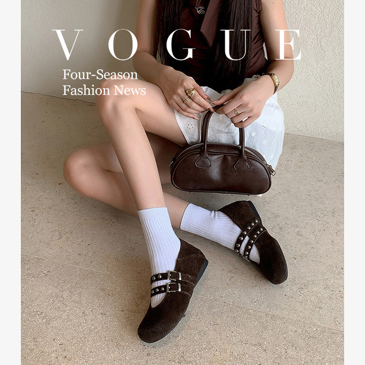 Karin Luna Hot Item Hot Item Punk Style One-Strap Round-Toe Suede Leather Height-Increasing Flats