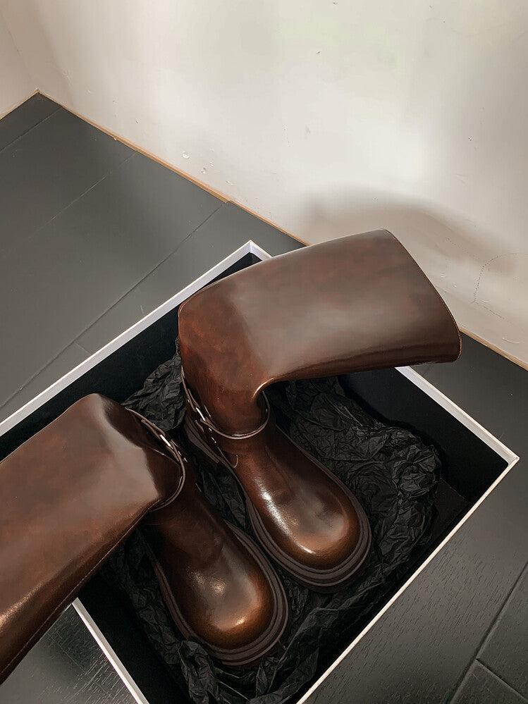 Karin Luna Full Cowhide  miumiu Popular Round Toe Thick Sole Beautiful and height-increasing