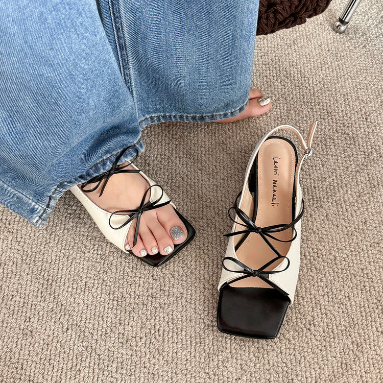 Karin Luna In Stock Spot Goods Square Toe Double Bow Thick Heel Sandals