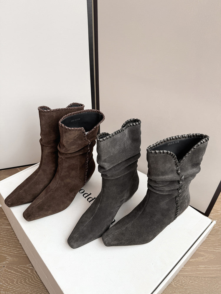 Karin Luna Elegant Style Small Square Toe Pleated Short Boots