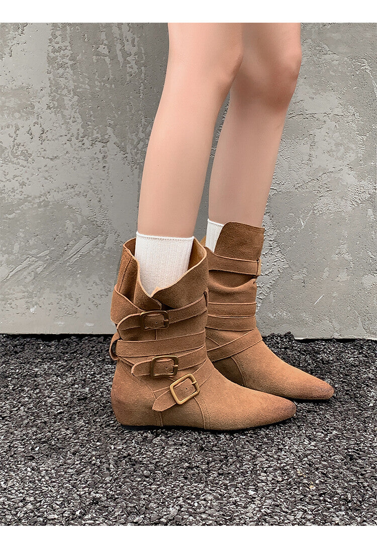 Karin Luna Cow Leather Small Square Toe Belt Buckle Fashion Boots