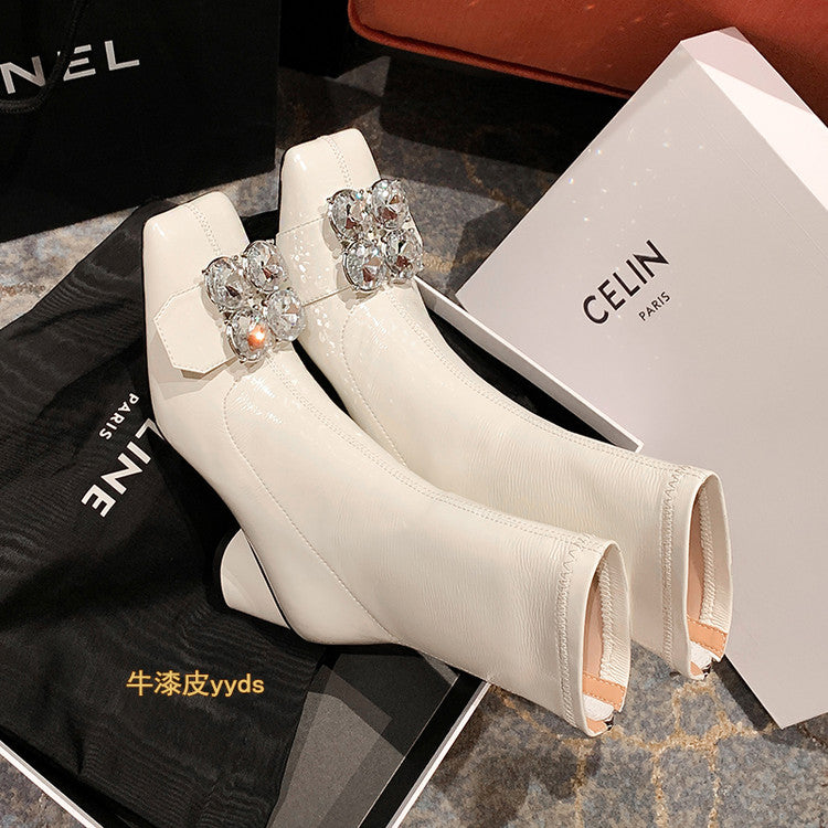 Karin Luna In Stock  Elegant Style Square Toe Rhinestone Chunky Heel Ankle Boots