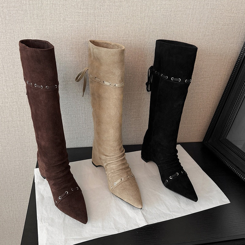Karin Luna Elegant Style  Pointed Toe Pleated Hidden Wedge Western Boots