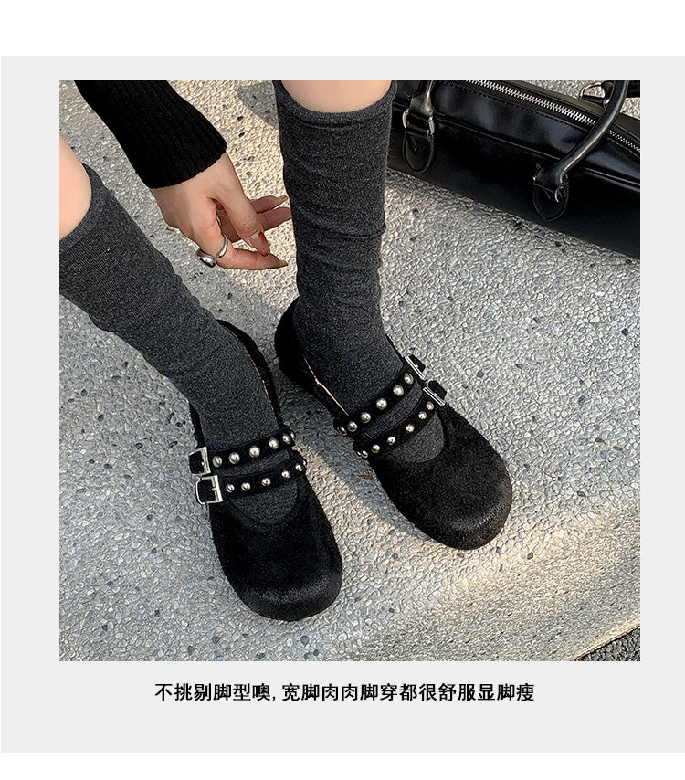 Karin Luna Hot Item Hot Item Punk Style One-Strap Round-Toe Suede Leather Height-Increasing Flats