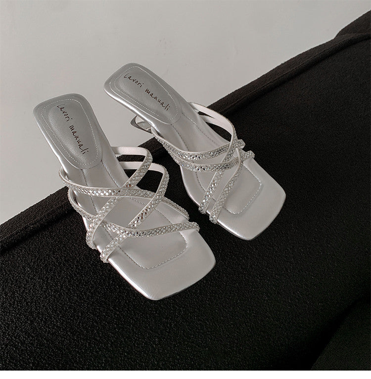 Karin Luna In Stock Spot Goods  Rhinestone Cross Strap Square Toe High Heel Slippers