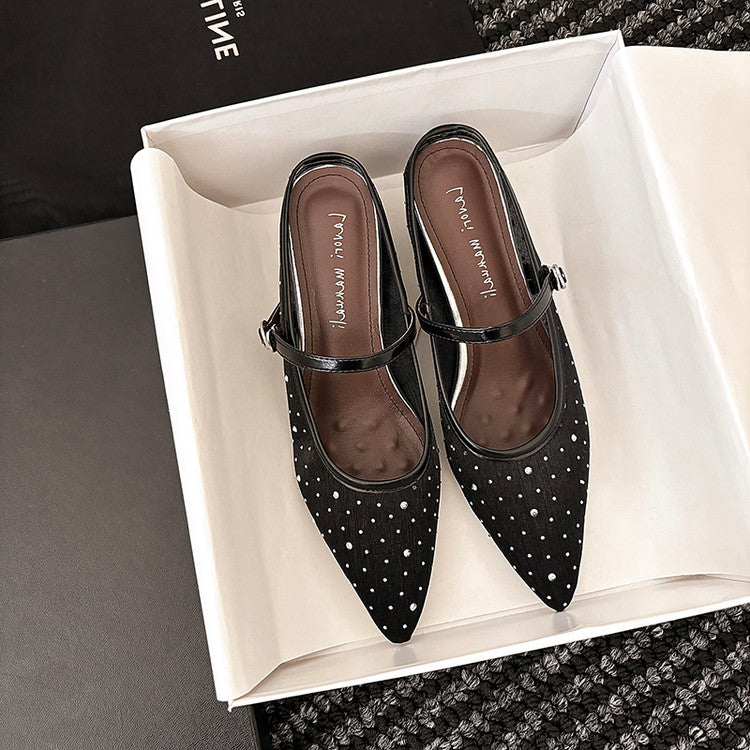 Karin Luna In Stock Spot Goods  Breathable Mesh Fabric Embellished Hand Drill Pointed Toe Slippers