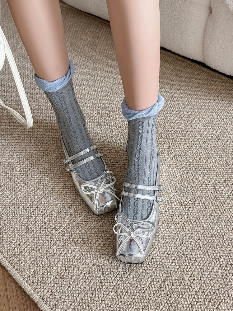 Karin Luna In Stock In Stock   Summer New Sweet Bowknot Color Block Square Toe Height-Increasing Slippers