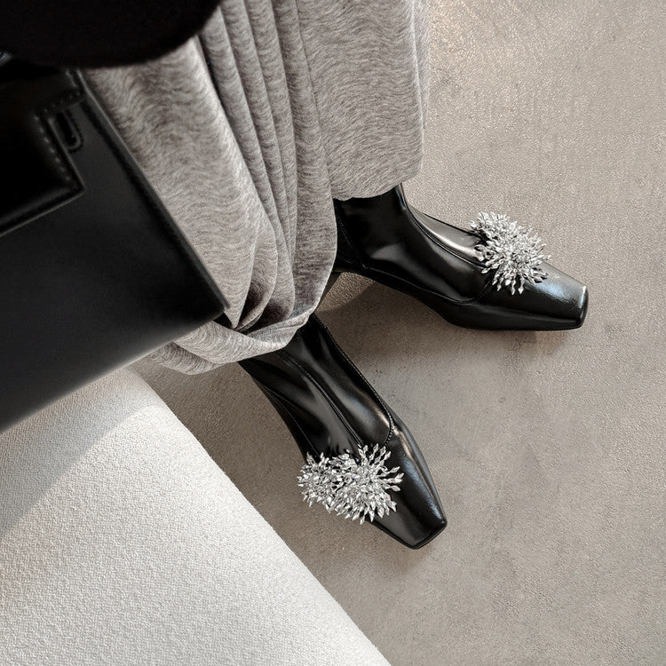Karin Luna Elegant Style Square Toe Flower Design Height Increasing Short Boots with Two Front and Back Options