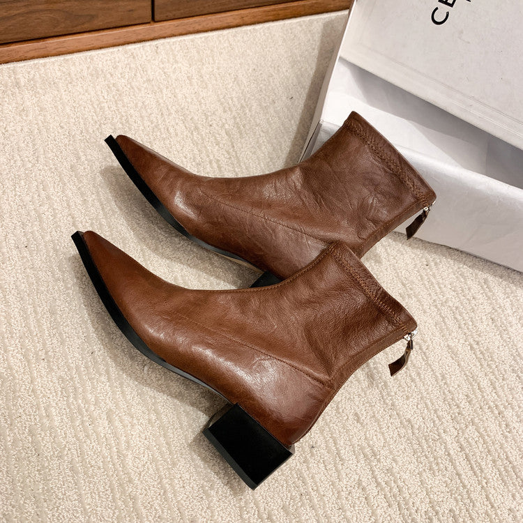 Karin Luna Elegant Style Pointed Toe Chunky Heel Short Boots
