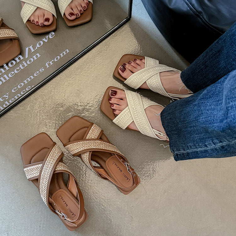 Karin Luna In Stock  Spot Goods Woven Style  Cross-strap Vacation Style Flat Sandals