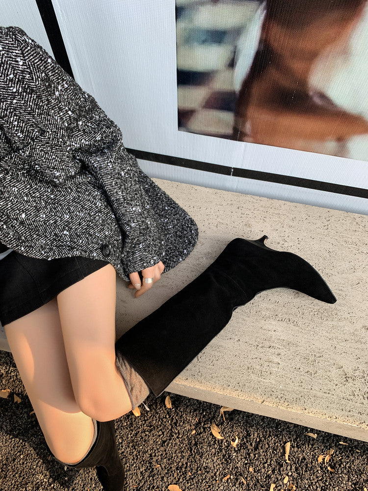 Karin Luna In Stock Spot Goods Retro Cowhide Pointed Toe Stiletto Elegant Long Boots