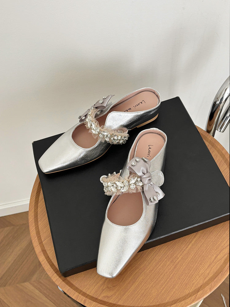 Karin Luna Handmade One-Strap Rhinestone Ribbon Square-Toe Mules