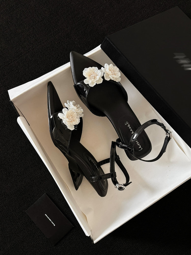 Karin Luna In Stock Spot Goods  Classic Camellia Pointed Toe Elegant Irregular Heel Sandals