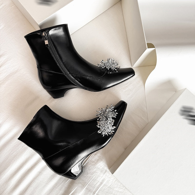 Karin Luna Elegant Style Square Toe Flower Design Height Increasing Short Boots with Two Front and Back Options