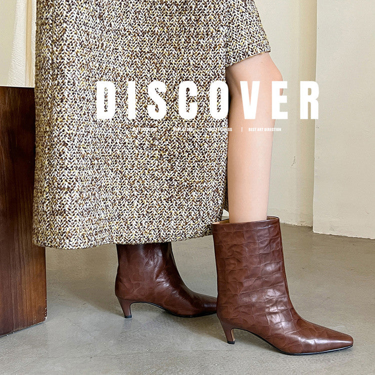 Karin Luna In Stock Spot Goods Top Layer Stone Pattern Cowhide Textured Small Square Toe Straight Short Boots