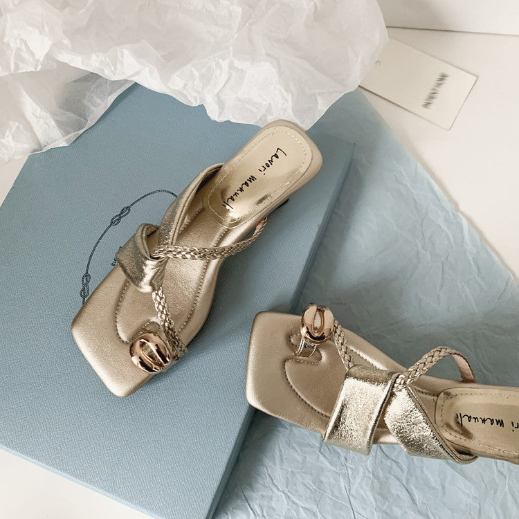 Karin Luna Braided Style ~Cross Strap Square Toe Irregular Heel Slippers