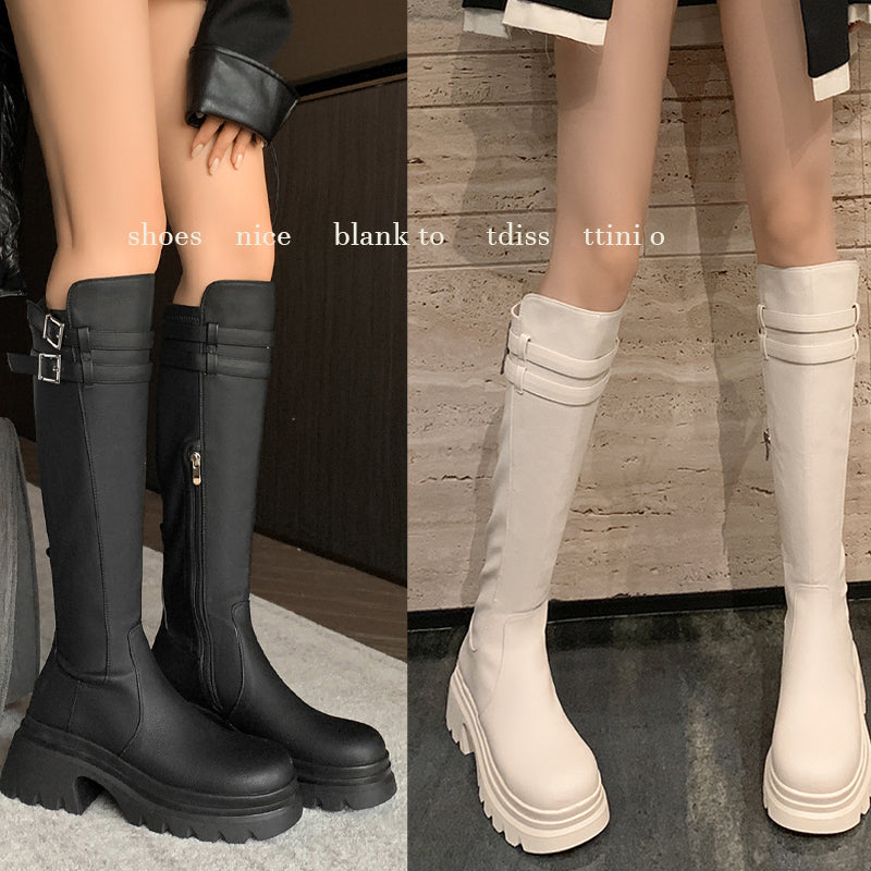 Karin Luna In Stock Best-selling in stock   Super Soft Sheepskin  Round Toe Thick Sole Vintage Belt Buckle Long Boots