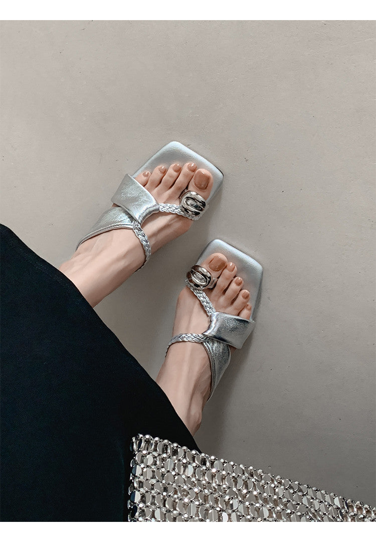 Karin Luna Braided Style ~Cross Strap Square Toe Irregular Heel Slippers