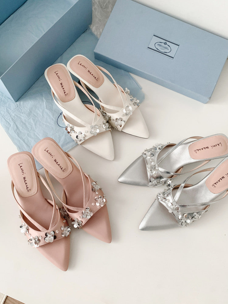 Karin Luna Bestseller Sequin Elements Elegant Pointed Toe Irregular Heel Slippers