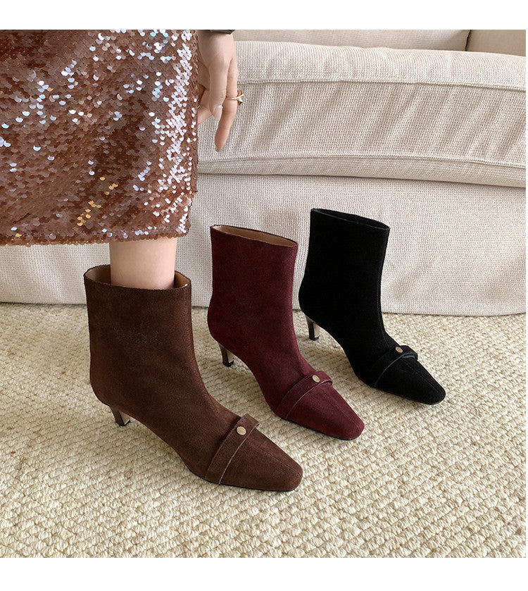 Karin Luna Elegant Style Small Square Toe Belt Buckle Thin Heel Short Boots