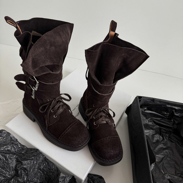 Karin Luna Bestseller Hot-Selling Large Tube Leather Belt Buckle Round Toe Thick-Soled Short Boots