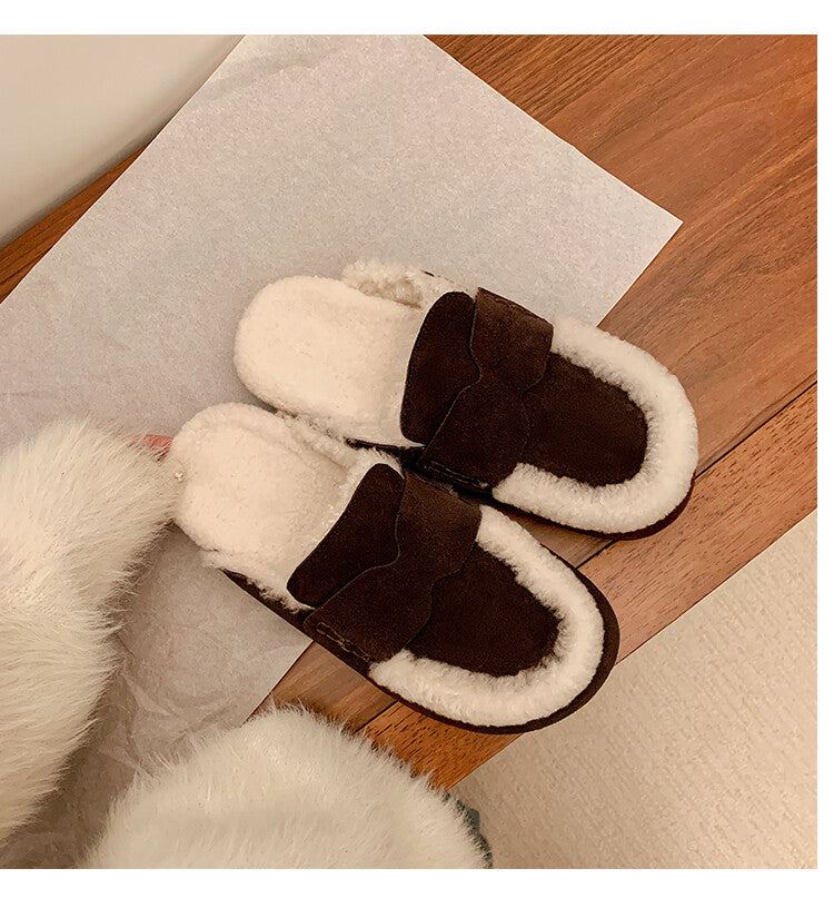 Karin Luna In Stock Look~This is such thick lamb wool Winter Atmosphere！Cowhide Leather Lamb Wool Round Toe Flat Sole Half Support！