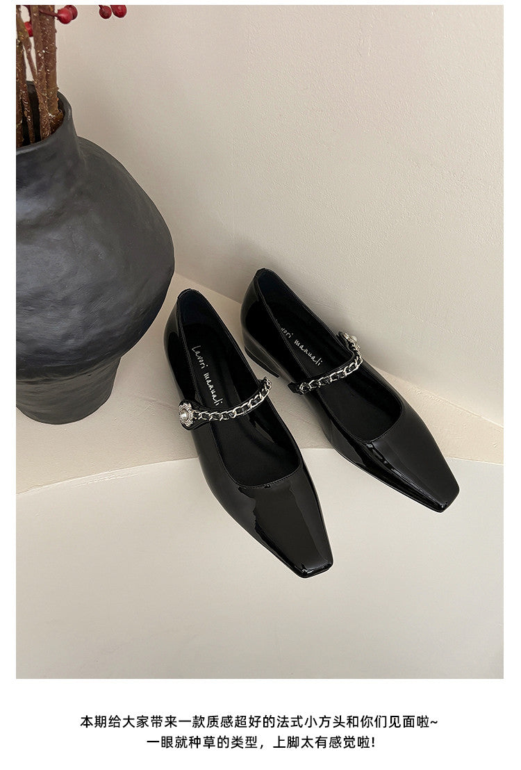 Karin Luna In Stock In Stock ~Metal One-Strap Pearl Small Square Toe Height-Increasing Flats