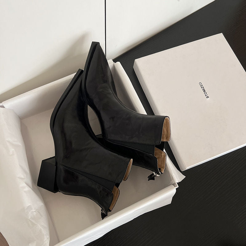 Karin Luna In Stock Spot Goods Elegant Stretch Fabric Patchwork Pointed Toe Chunky Heel Short Boots