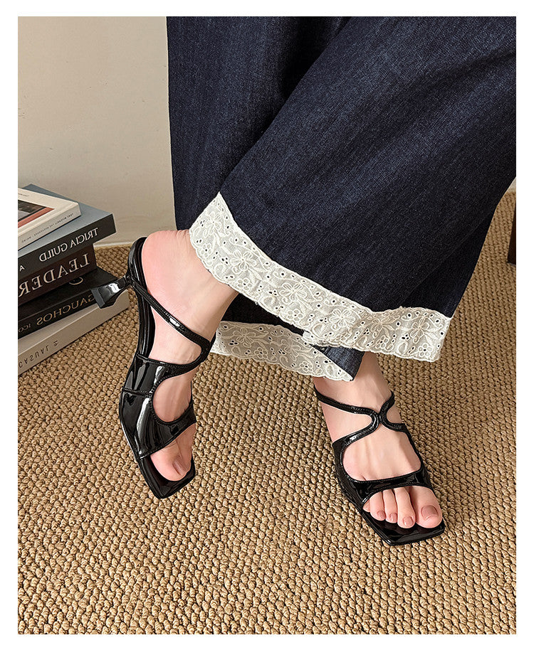 Karin Luna French Retro Square Toe Wrap Strap Open-Toe Slippers