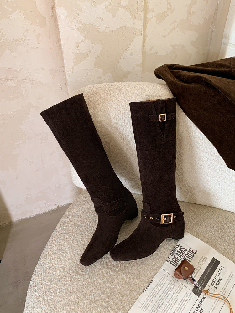Karin Luna Data Model Belt Buckle Matte Square Toe Hidden Wedge Slouch Western Boots