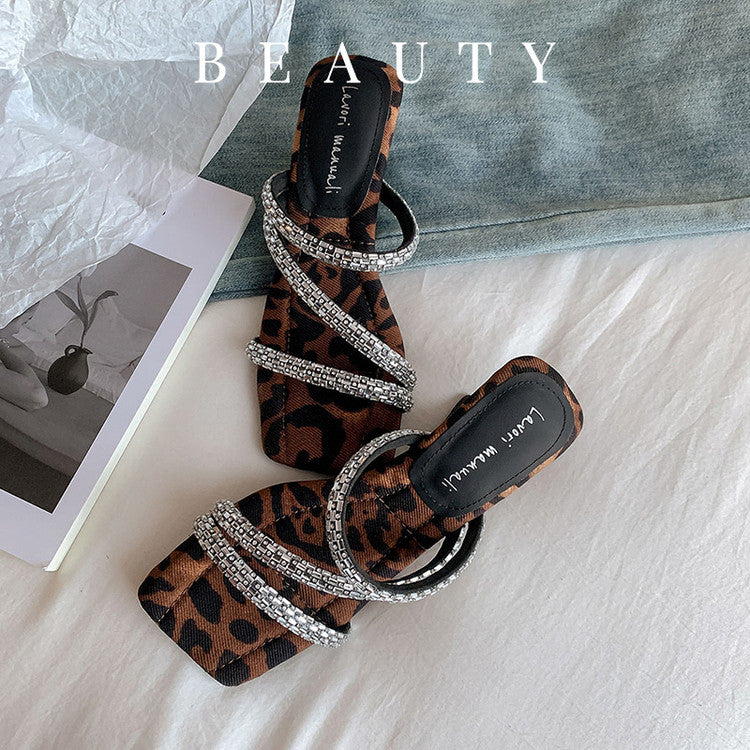 Karin Luna In Stock Spot Goods  Rhinestone One-Strap Irregular Heel Square-Toe Slippers