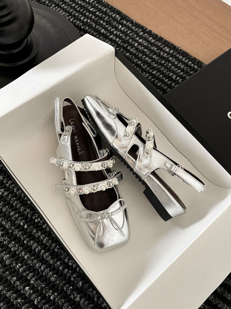 Karin Luna In Stock In Stock  Square Toe Bowknot Pearl Strap Closed-Toe Sandals