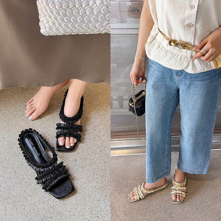 Karin Luna In Stock   Spot Goods  Niche Design Square-Toed Pleated Flat Slippers