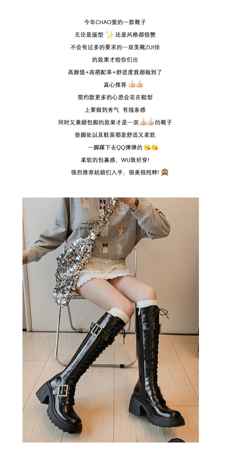Karin Luna In Stock Spot Goods Bestselling Extended Version Rhinestone Square Buckle Thick Sole Lace-up Thick Sole Full Cowhide Knight Boots