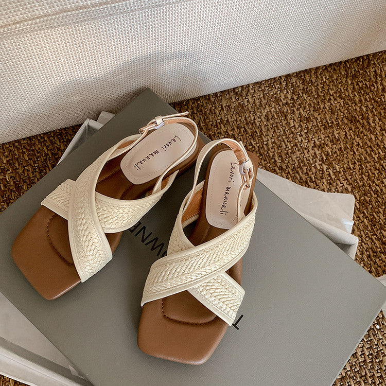 Karin Luna In Stock  Spot Goods Woven Style  Cross-strap Vacation Style Flat Sandals