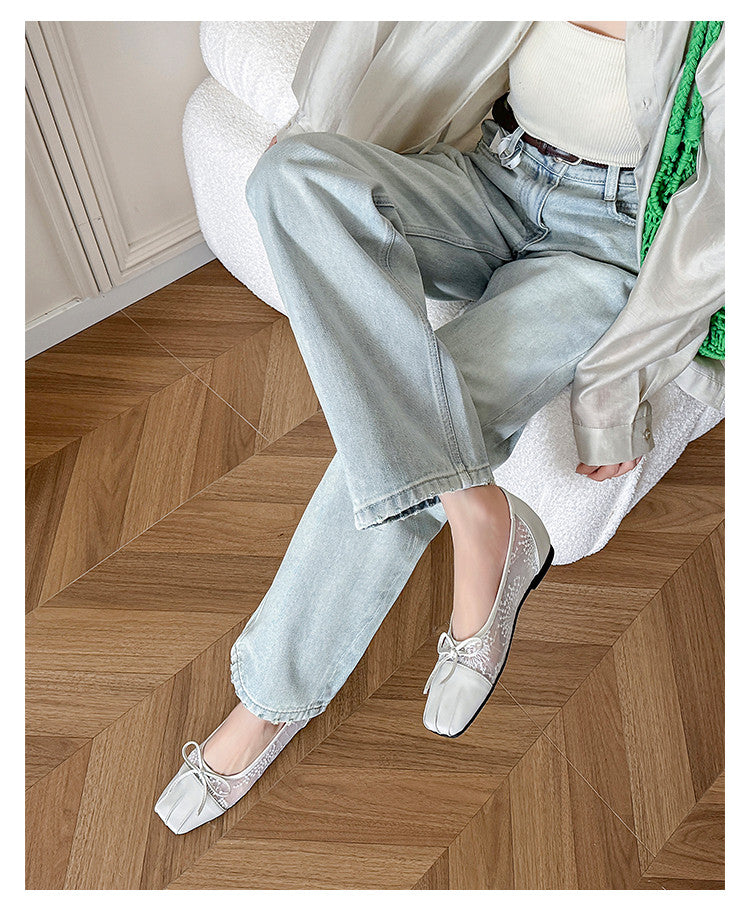 Karin Luna In Stock In Stock  Wrinkled Square Toe Patchwork Breathable Mesh Bow Granny Shoes