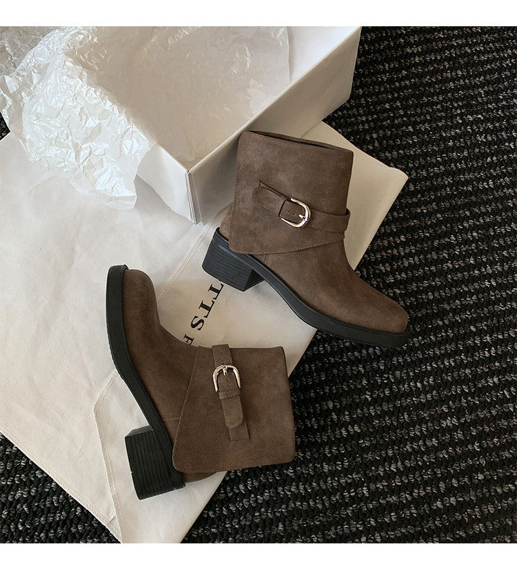 Karin Luna In Stock Spot Goods Versatile Basic Round Toe Belt Buckle Thick Sole Tube Boots