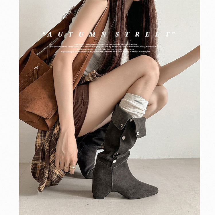 Karin Luna Bestseller Hot-Selling Hidden Buckle Lazy Style Square-Toe Height-Increasing Suede Western Boots