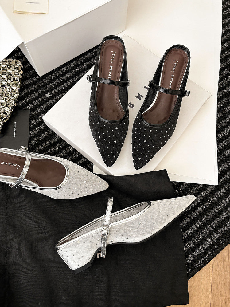 Karin Luna In Stock Spot Goods  Breathable Mesh Fabric Embellished Hand Drill Pointed Toe Slippers