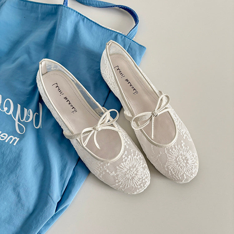 Karin Luna In Stock Spot Goods  Summer Breathable Retro Embroidered Bow Granny Shoes