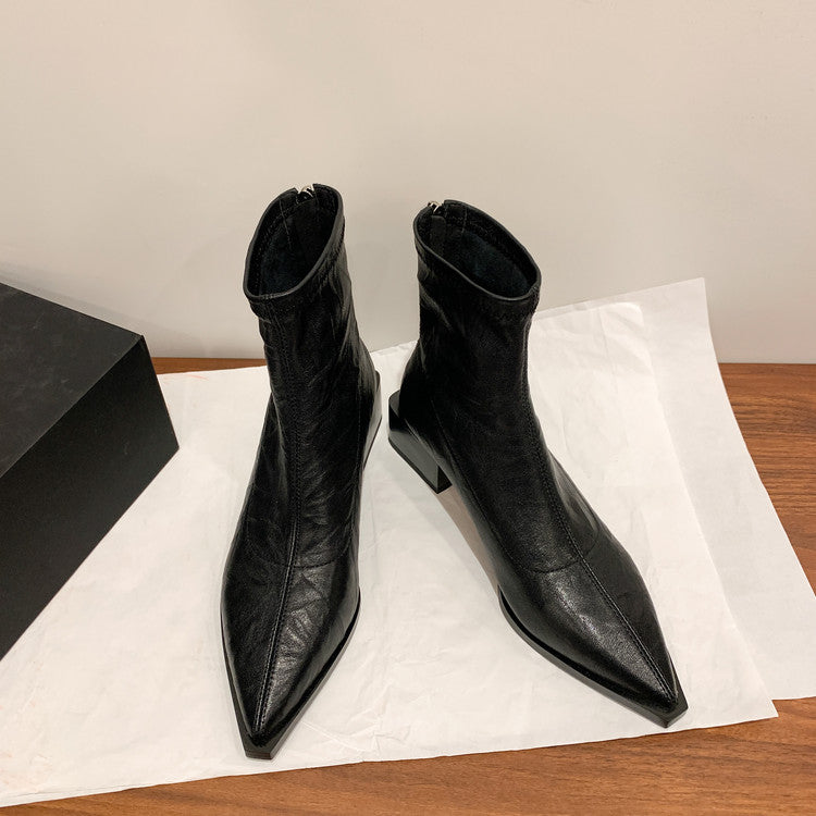 Karin Luna Elegant Style Pointed Toe Chunky Heel Short Boots