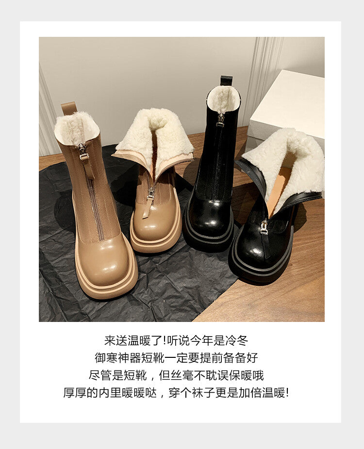 Karin Luna Basic Bestseller Timeless Thick Fur Lined Round Toe Thick Sole Cowhide Snow Boots