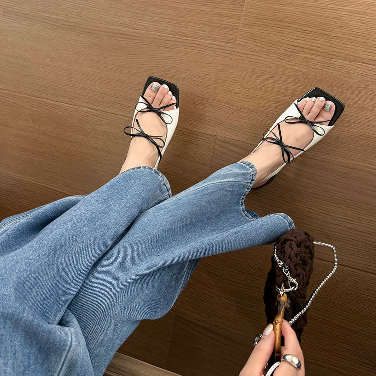 Karin Luna In Stock Spot Goods Square Toe Double Bow Thick Heel Sandals
